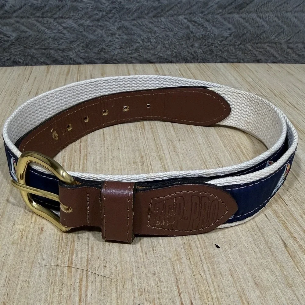 Vintage Zep Pro Belt 36 USA Sailboats Cream Cotton Brown Leather Brass Buckle